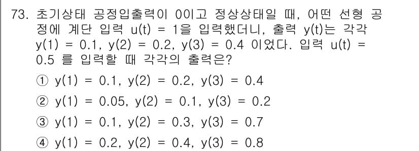 화공기사 2022년 73번 - 정답이 2인 이유는, 주어진 입력 \( u(t) = 1 \)일 때의 출력... 에 관한 핵심 기출문제