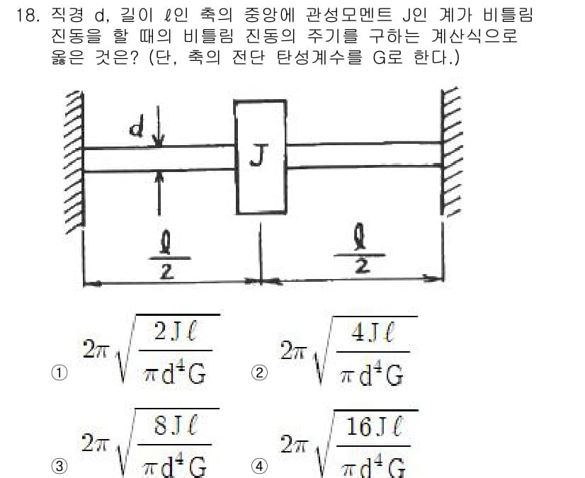 소음진동기사(구) 2022년 18번 - 주어진 문제에서 비틀림 진동 주기를 구하는 식을 도출하기 위해서는 비틀림... 에 관한 핵심 기출문제