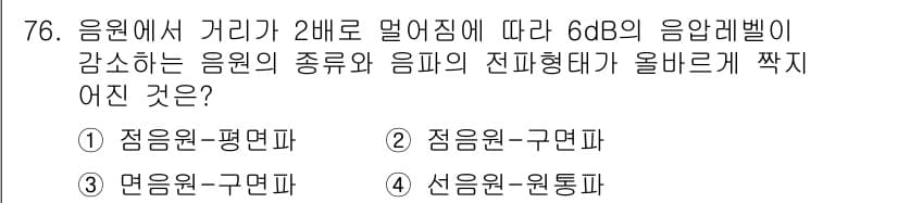 소음진동기사 2022년 76번 - 소음의 세기는 거리의 제곱에 반비례하므로, 거리 2배 증가 시 6dB 감... 에 관한 핵심 기출문제