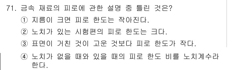 금속재료기사 2022년 71번 - 노치가 있는 시험편은 응력 집중으로 인해 파괴가 쉽게 발생하므로, 피로 ... 에 관한 핵심 기출문제