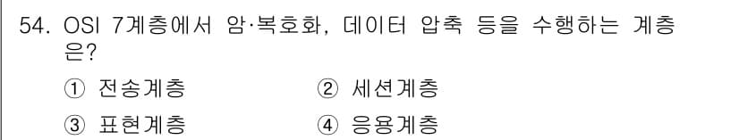정보통신산업기사 2021년 54번 - 정답은 3. 표현계층입니다. 표현계층은 데이터의 형식을 변환하고 암호화 ... 에 관한 핵심 기출문제