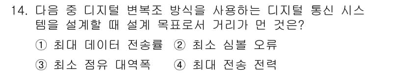 통신선로산업기사(통합편입) 2022년 14번 - 디지털 통신 시스템 설계에서 목적은 신호의 왜곡을 최소화하고, 데이터를 ... 에 관한 핵심 기출문제