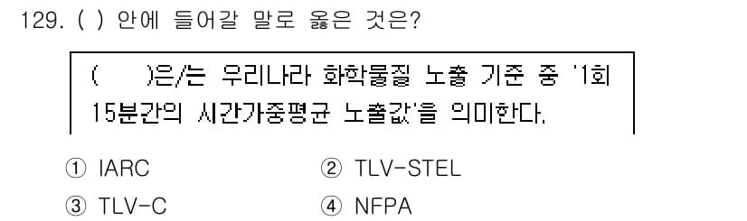 연구실안전관리사 2022년 129번 - . TLV-STEL

TLV-STEL은 "단기 노출 한계"로, 특정 물질... 에 관한 핵심 기출문제