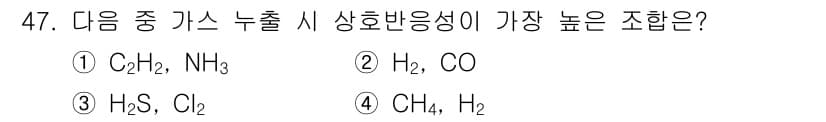 연구실안전관리사 2022년 47번 - . H₂S, Cl₂

H₂S는 강한 산성과 독성을 지닌 물질로, Cl₂와... 에 관한 핵심 기출문제