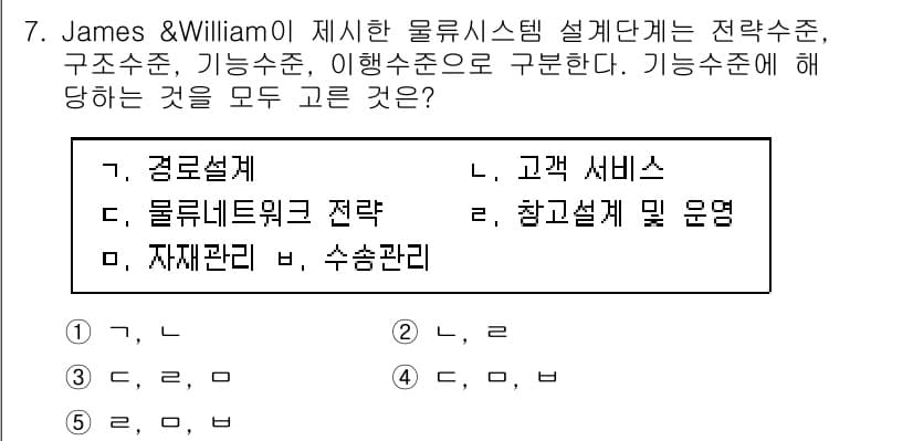 물류관리사_1교시 2022년 7번 - 기능수준은 물류 시스템이 실제로 수행하는 다양한 작업과 기능을 말하며, ... 에 관한 핵심 기출문제