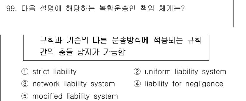 물류관리사_1교시 2022년 99번 - 정답은 3번 "network liability system"입니다. 이 ... 에 관한 핵심 기출문제