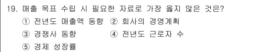 유통관리사_1급 2022년 19번 - 매출 목표 수립 시 필요한 데이터는 매출액, 경영계획, 경쟁사 동향 등이... 에 관한 핵심 기출문제