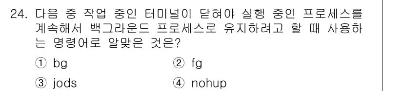 리눅스마스터_2급 2022년 24번 - 정답은 4번 "nohup"입니다. 이 명령어는 사용자가 로그아웃하더라도 ... 에 관한 핵심 기출문제