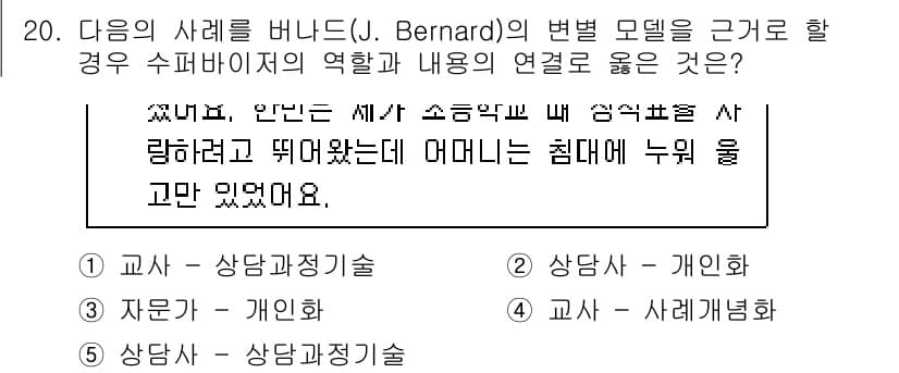 청소년상담사_1급(1교시)(구) 2022년 20번 - J. Bernard의 변별 모델에서는 관계의 변화에 따라 개인이 경험하는... 에 관한 핵심 기출문제
