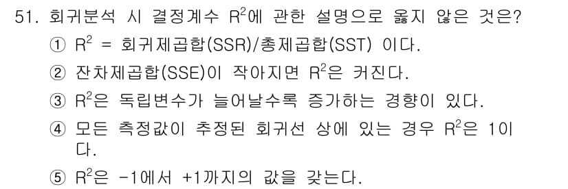 청소년상담사_1급(1교시)(구) 2022년 51번 - R²는 회귀모형의 설명력을 나타내며, 0에서 1 사이의 값을 가진다. 따... 에 관한 핵심 기출문제