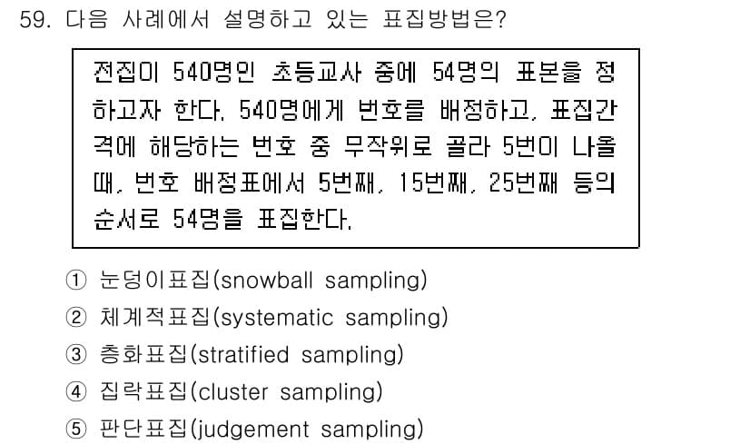 청소년상담사_1급(1교시)(구) 2022년 59번 - 문제에서 설명하는 표집 방법은 각 단계에서 무작위로 선택된 표본을 분포시... 에 관한 핵심 기출문제