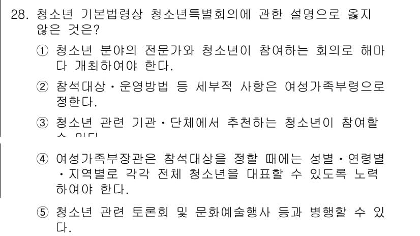청소년상담사_1급(1교시) 2022년 28번 - 청소년 기본법령상 청소년특별회의는 청소년이 참여해야 하는 회의로, 청소년... 에 관한 핵심 기출문제