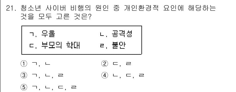 청소년상담사_1급(2교시) 2022년 21번 - 정답 5번은 청소년 사이버 비행의 원인으로 개인환경적 요인을 모두 포함하... 에 관한 핵심 기출문제