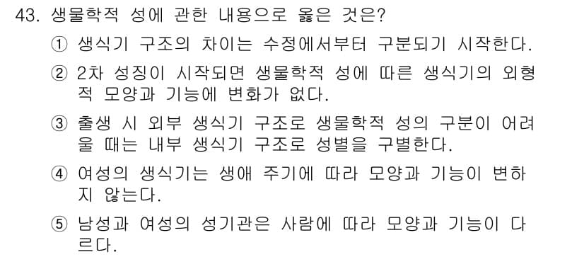청소년상담사_1급(2교시) 2022년 43번 - 정답 3번은 남성과 여성의 생식기관이 각각 다르게 발달하고 기능을 가진다... 에 관한 핵심 기출문제