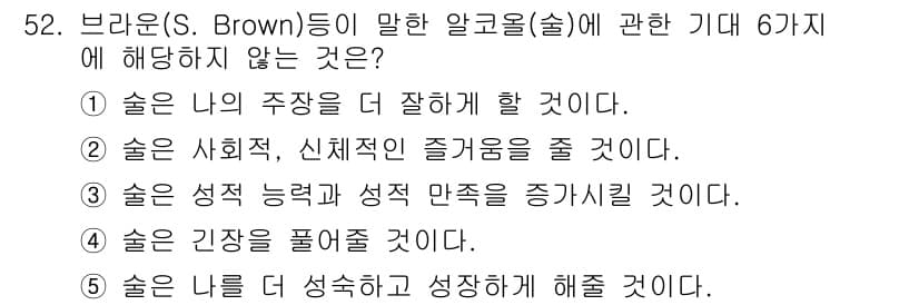 청소년상담사_1급(2교시) 2022년 52번 - 브라운(S. Brown)이 언급한 알콜 중독에 대한 기대 중 "술은 색정... 에 관한 핵심 기출문제
