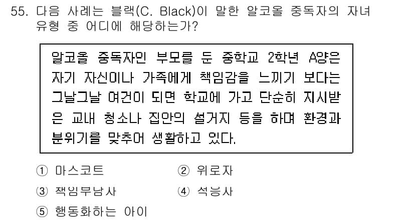 청소년상담사_1급(2교시) 2022년 55번 - 주어진 사례에서 알코를 중독자로 둔 부모는 자신의 책임을 느끼기보다는 외... 에 관한 핵심 기출문제
