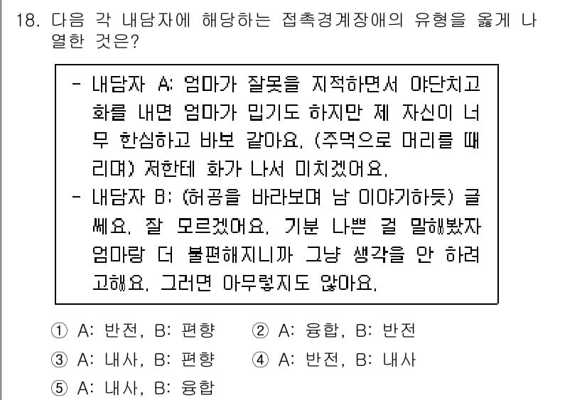 청소년상담사_2급(1교시) 2022년 18번 - . 

이유: 내담자 A는 자신의 감정을 제대로 표현하지 못하고, 감정적... 에 관한 핵심 기출문제