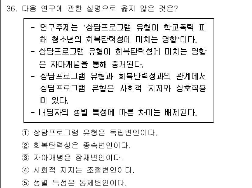 청소년상담사_2급(1교시) 2022년 36번 - 연구 주제에 관한 설명 중 "상담 프로그램 유형이 학교폭력 피해 청소년의... 에 관한 핵심 기출문제