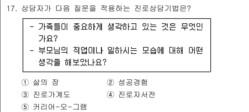 청소년상담사_2급(2교시) 2022년 17번 - 정답은 3번, 진로서저입니다. 이 질문은 가족의 가치관과 부모의 직업에 ... 에 관한 핵심 기출문제
