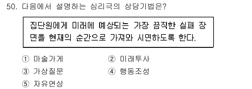 청소년상담사_2급(2교시) 2022년 50번 - 정답은 2번 미래사입니다. 미래사란 집단원에게 미래의 상황을 상상하게 하... 에 관한 핵심 기출문제
