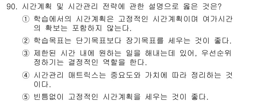 청소년상담사_2급(2교시) 2022년 90번 - 정답 3번은 시간관리의 중요성을 강조하며, 목표 달성을 위한 우선순위 정... 에 관한 핵심 기출문제