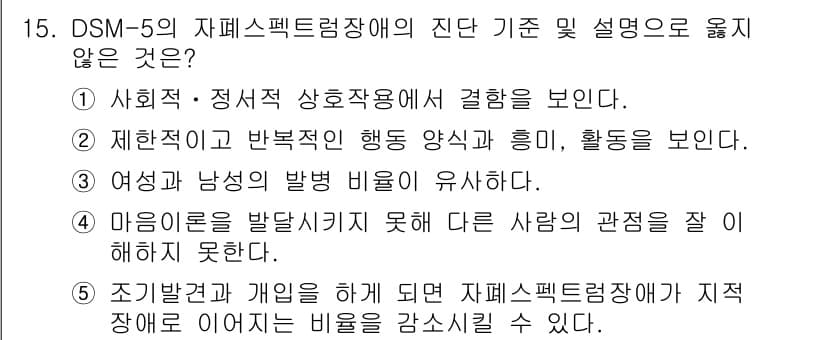 청소년상담사_3급(1교시) 2022년 15번 - DSM-5에서 자아스펙트럼장애는 일반적으로 개인의 자신에 대한 이해와 정... 에 관한 핵심 기출문제