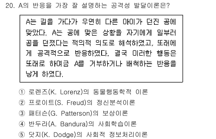 청소년상담사_3급(1교시) 2022년 20번 - 정답 5번, 반다이크의 사회정보처리이론은 타인의 행동에 대한 해석을 통해... 에 관한 핵심 기출문제