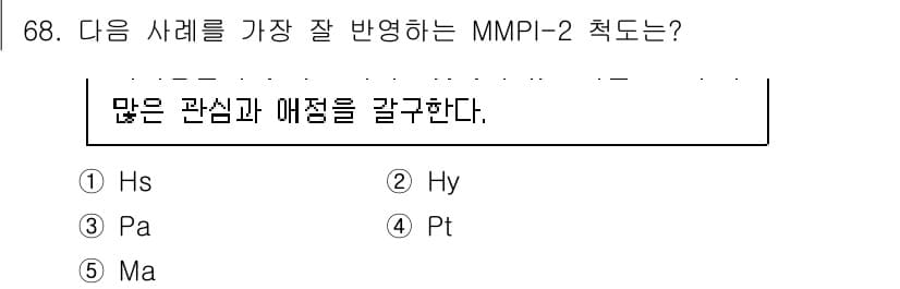 청소년상담사_3급(1교시) 2022년 68번 - 정답은 2번 Hy입니다. MMPI-2에서 Hy(히스테리 척도)는 정서적 ... 에 관한 핵심 기출문제