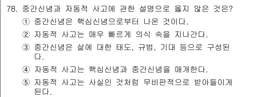 청소년상담사_3급(1교시) 2022년 78번 - 중간신념과 자동적 사고는 포괄적인 개념으로, 자동적 사고는 즉각적으로 발... 에 관한 핵심 기출문제