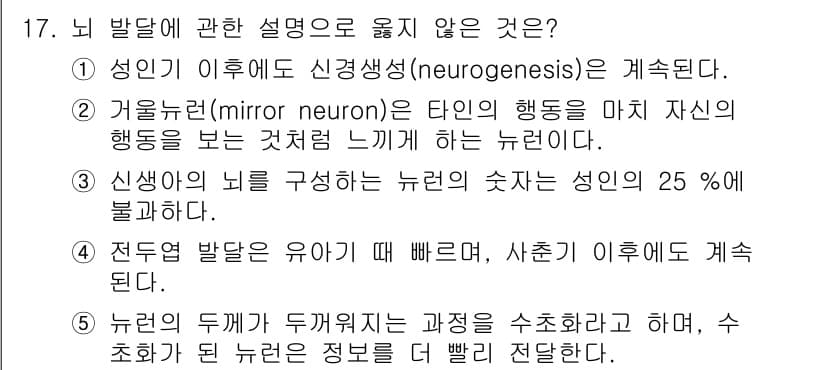 청소년상담사_3급(2교시)(구) 2022년 17번 - 신경세포는 성인의 경우도 일부 생성을 지속하지만, 일반적으로 성인의 신경... 에 관한 핵심 기출문제