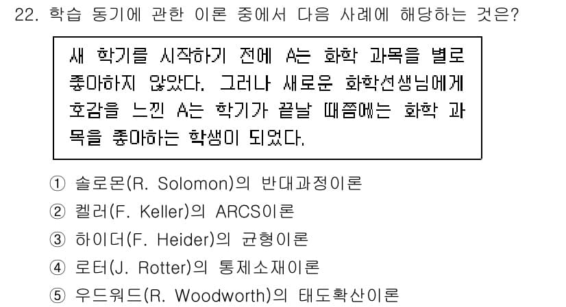 청소년상담사_3급(2교시)(구) 2022년 22번 - 문제에서 제시된 사례는 새로운 학기가 시작되면서 학생들이 선후로 화학 과... 에 관한 핵심 기출문제