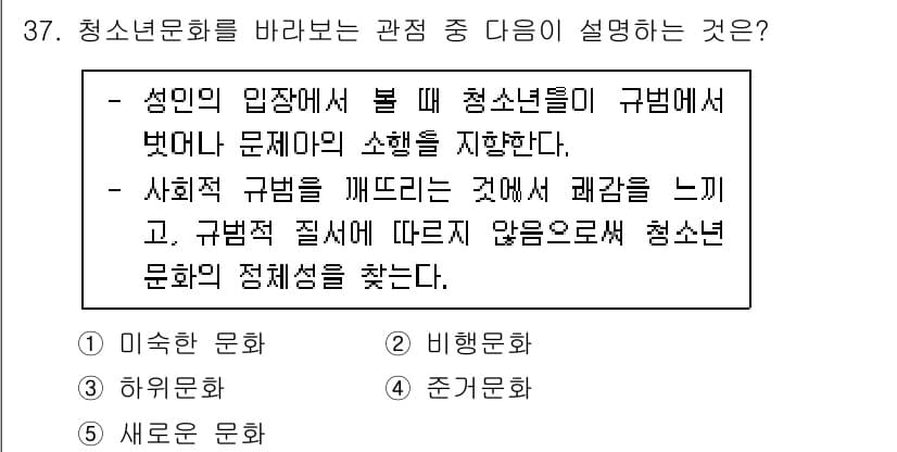 청소년상담사_3급(2교시)(구) 2022년 37번 - . 

청소년문화는 청소년들이 사회적 규범을 깨뜨리며 자신의 정체성을 탐... 에 관한 핵심 기출문제
