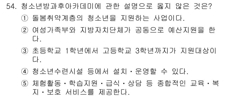 청소년상담사_3급(2교시) 2022년 54번 - 청소년방과후아카데미는 주로 초등학생과 중학생을 대상으로 하며, 고등학생은... 에 관한 핵심 기출문제