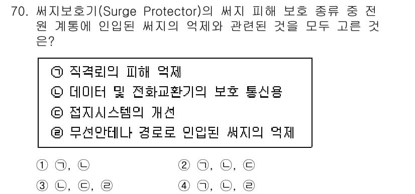 정보통신기사 2022년 70번 - 정답 3번은 전력 시스템에서 발생할 수 있는 전기적 손상의 개선을 의미합... 에 관한 핵심 기출문제