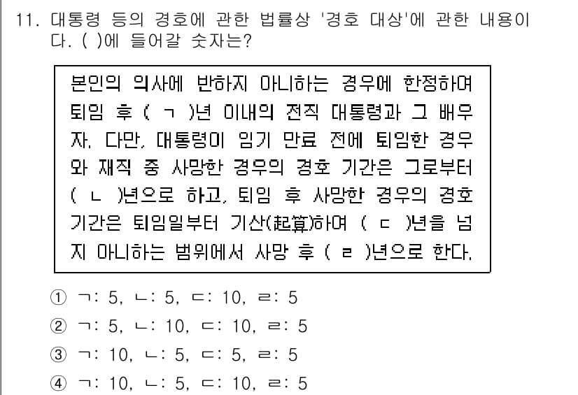 경비지도사_2차(경호학) 2022년 11번 - 정답이 4인 이유는, 국가가 경호를 책임지는 상황에서 대통령 임기가 만료... 에 관한 핵심 기출문제