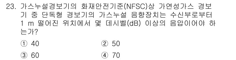 경비지도사_2차(소방학) 2022년 23번 - 가스누설경보기의 음향장치의 소음 기준은 NFSC의 규정에 따릅니다. 규정... 에 관한 핵심 기출문제