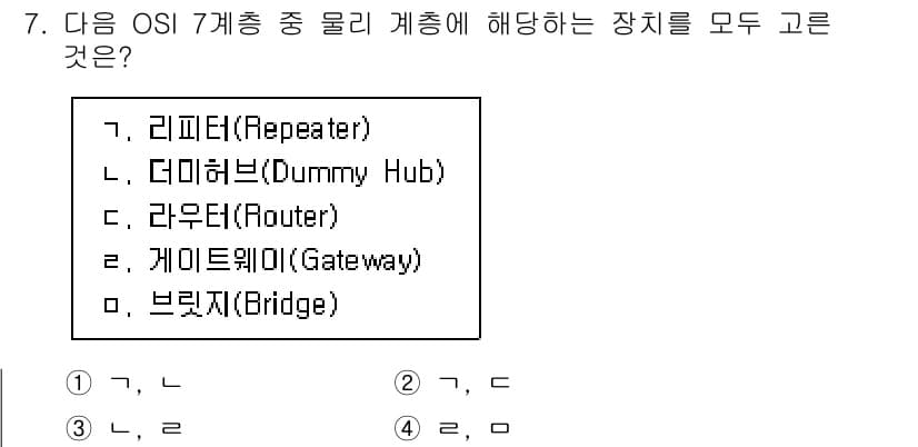9급_지방직_공무원_컴퓨터일반 2022년 7번 - . 리피터(Repeater)와 브리지(Bridge)는 OSI 7계층 중 ... 에 관한 핵심 기출문제