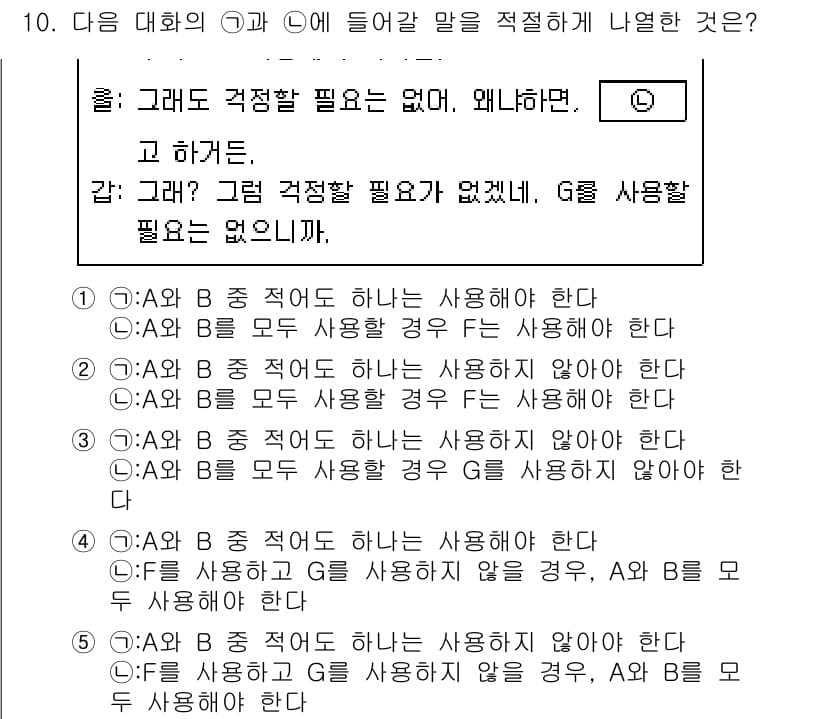 PSAT_언어논리 2022년 10번 - 정답 5번은 A와 B가 각각 다른 상황에서 사용되어야 하는 경우를 명시하... 에 관한 핵심 기출문제