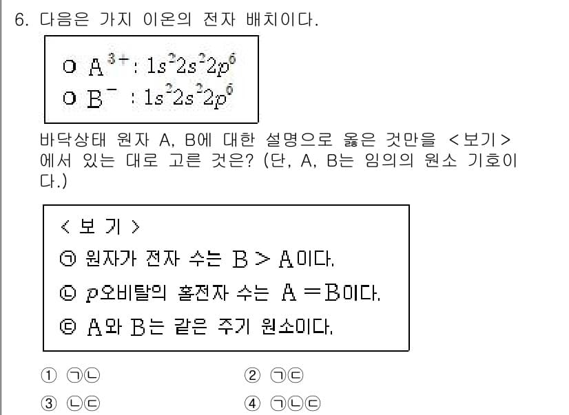 경찰공무원(순경)_과학 2021년 6번 - 주어진 원자 A, B의 전자 배치를 비교했을 때, A는 1s² 2s² 2... 에 관한 핵심 기출문제