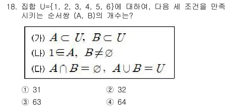 경찰공무원(순경)_수학 2021년 18번 - 주어진 집합 \( U = \{1, 2, 3, 4, 5, 6\} \)에 대... 에 관한 핵심 기출문제