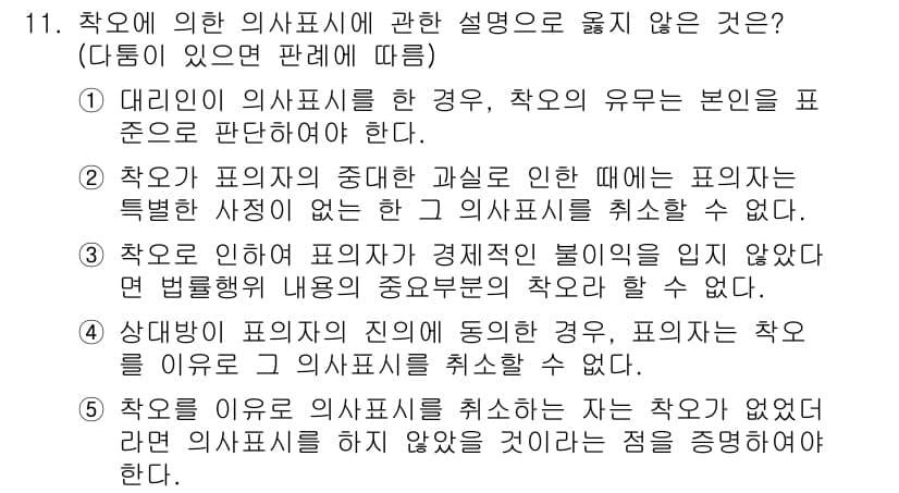 감정평가사_1차_1교시 2022년 11번 - 대리인의 의사표시에 따라 작용하는 경우, 대리인이 선의로 행한 의사표시는... 에 관한 핵심 기출문제