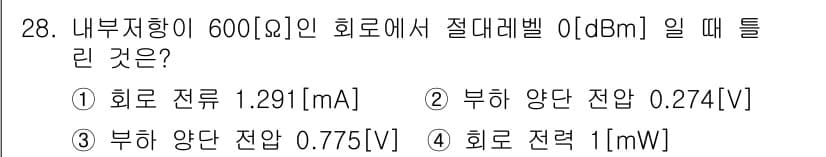 정보통신기능사 2022년 28번 - 주어진 문제에서 내부 저항이 600Ω인 회로에서 절대 레벨 0dBm을 기... 에 관한 핵심 기출문제