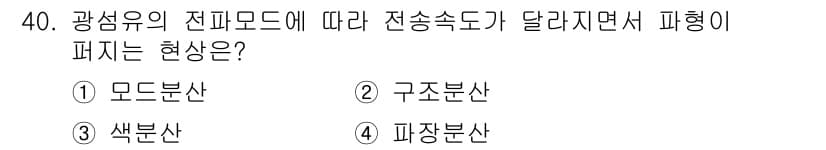 정보통신기능사 2022년 40번 - . 모드분산  
모드분산은 광섬유 내에서 빛의 다양한 전파 모드가 서로 ... 에 관한 핵심 기출문제