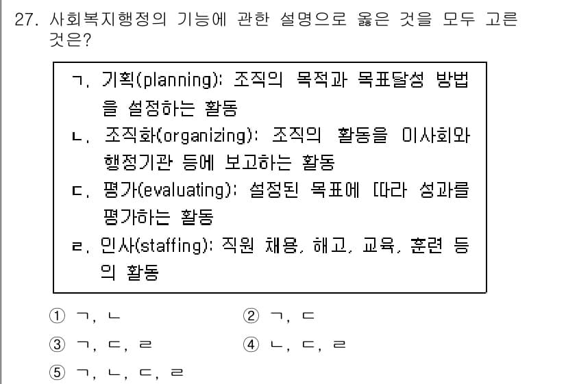 사회복지사_1급(3교시)(구) 2023년 27번 - 사회복지행정의 기능은 조직의 목표 달성을 위해 기획, 조직, 평가, 인사... 에 관한 핵심 기출문제