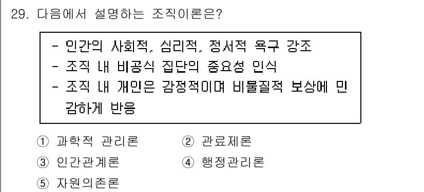 사회복지사_1급(3교시) 2023년 29번 - 조직 이론은 주로 인간의 사회적, 심리적, 정서적 욕구를 강조하며, 조직... 에 관한 핵심 기출문제
