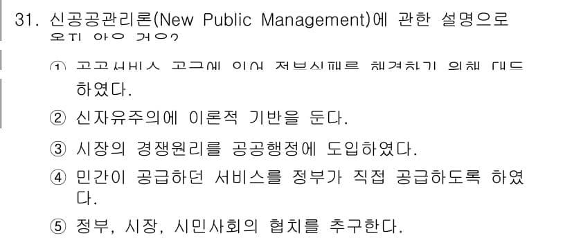사회복지사_1급(3교시) 2023년 31번 - 정답 4번은 신공공관리론이 정부, 시장, 시민 사회의 협력을 강조하는 이... 에 관한 핵심 기출문제