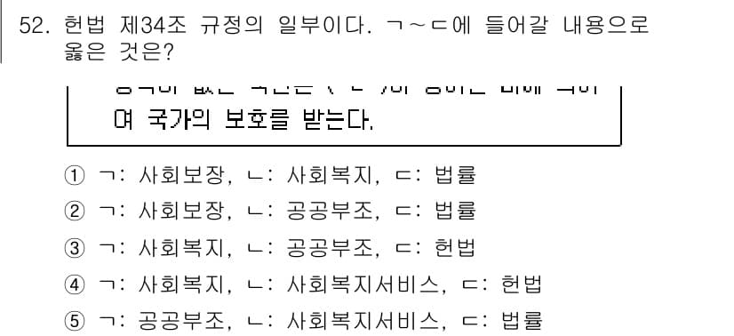 사회복지사_1급(3교시) 2023년 52번 - 헌법 제34조는 사회복지의 국가 책임을 명시하고 있으며, 사회복지 서비스... 에 관한 핵심 기출문제