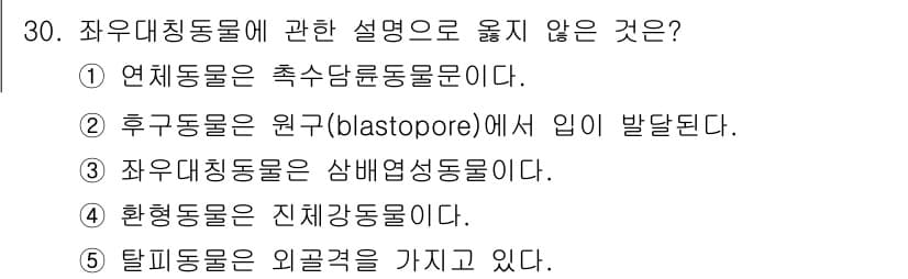 변리사_1차(3교시) 2023년 30번 - 후구동물은 원구(blastopore)에서 입이 발달하지 않고 항문이 먼저... 에 관한 핵심 기출문제