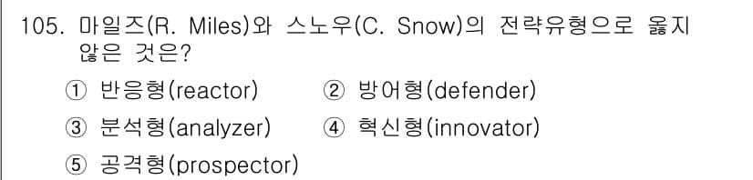 가맹거래사 2023년 105번 - 4. 핵신형(innovator)은 마일즈와 스노우의 전략유형 중에는 포함... 에 관한 핵심 기출문제