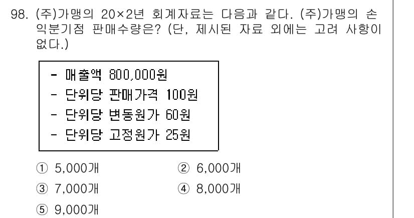가맹거래사 2023년 98번 - 주식회사의 매출이 800,000원이고, 단위당 판매가와 변동원가가 주어졌... 에 관한 핵심 기출문제